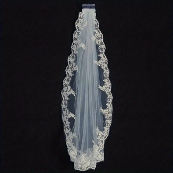 Embroidered Lace and Gems Edge Fingertip Bridal Wedding Veil White With Comb